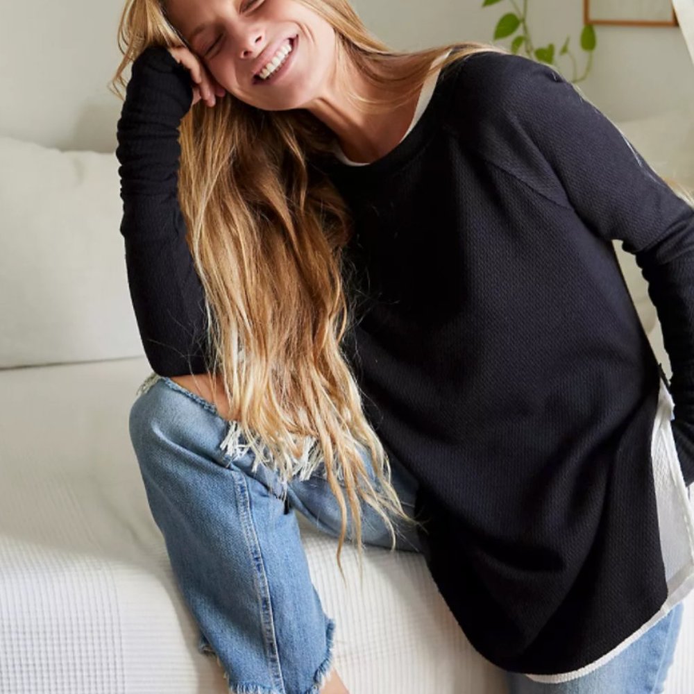 Free People Staycation Thermal Black Top NWT